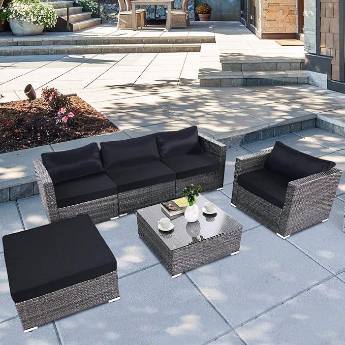 Tangkula 6PC Patio Furniture Set Outdoor Garden Backyard Poolside All Weather PE Rattan Wicker Steel Frame Sectional Cushioned Seat Sofa Conversation Set (Grey)