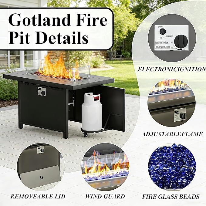 Gotland Aluminum Patio Furniture Set, 4 PCS Metal Outdoor Furniture with 45’’ Fire Pit Table Waterproof 5.1'' Seat Cushions 34.1’’ High Back, Oversized Outdoor Sectional Patio Conversation Sets, Grey