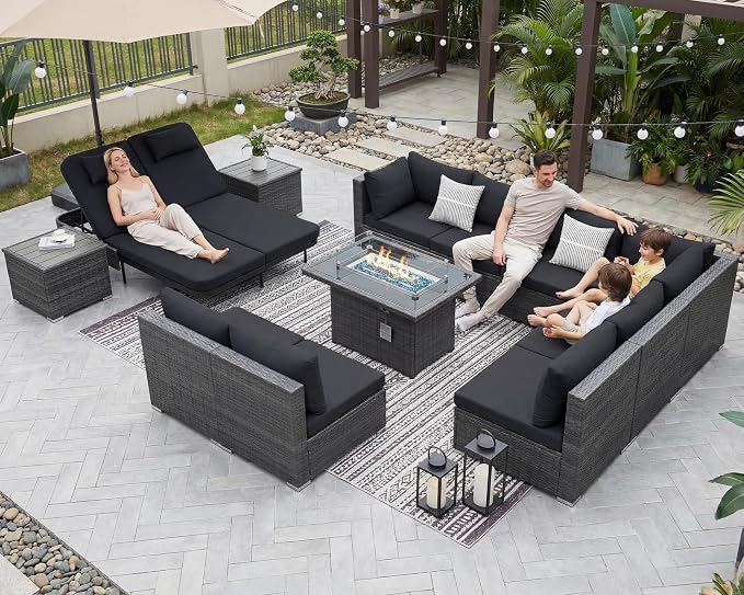 NICESOUL 13 Piece Outdoor Sectional w/Fire Pit Table, Luxury Modular Patio Furniture Set w/Chaise Lounge, Plus 29.3'' High-Back Seating Sofa, All-Weather Deck Couch for Poolside, Yard, Grey & Black
