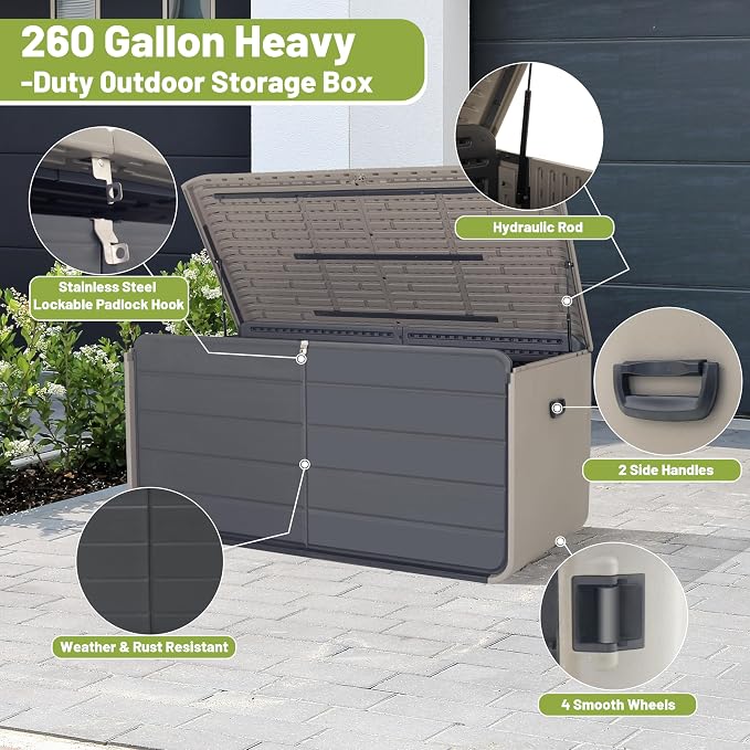 260-Gallon Heavy-Duty Plastic Deck Box with Lock, Wheels & Waterproof Lid – UV-Resistant Outdoor Storage for Cushions, Tools, Pool Supplies (Effortless Opening, Portable, Multi-Use Bench/Table)