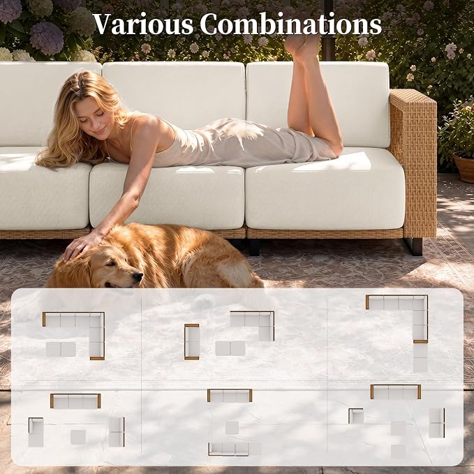 LazySunsets Patio Furniture Set, 6 Pieces Wicker Outdoor Sectional Sofa with 10'' Ultra-Thick Cushions & Ottomans, All-Weather Rattan Conversation Set for Backyard Poolside, Yellow/Beige