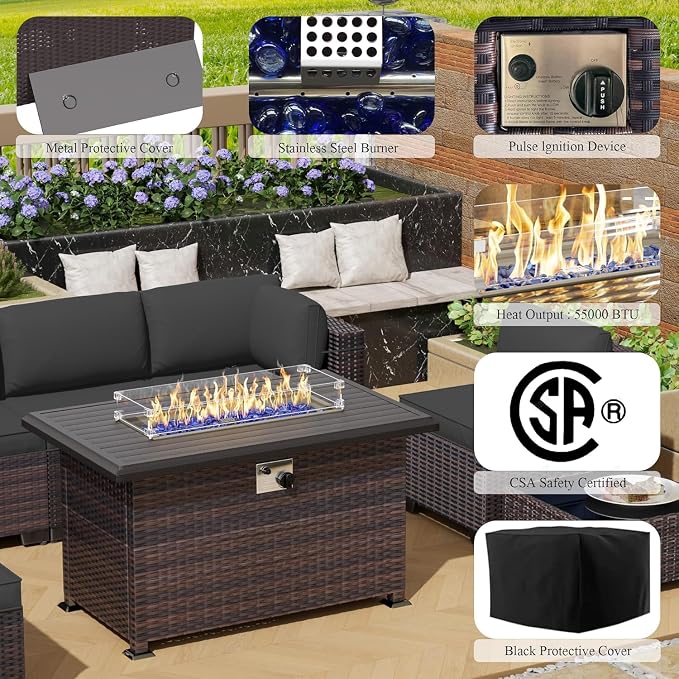 13 Pieces Outdoor Patio Furniture Set,Outdoor Sectional Furniture with 43" 55000 BTU Gas Propane Fire Pit Table,PE Rattan Wicker Patio Conversation Set,Swivel Rocking Chairs Set,Grey