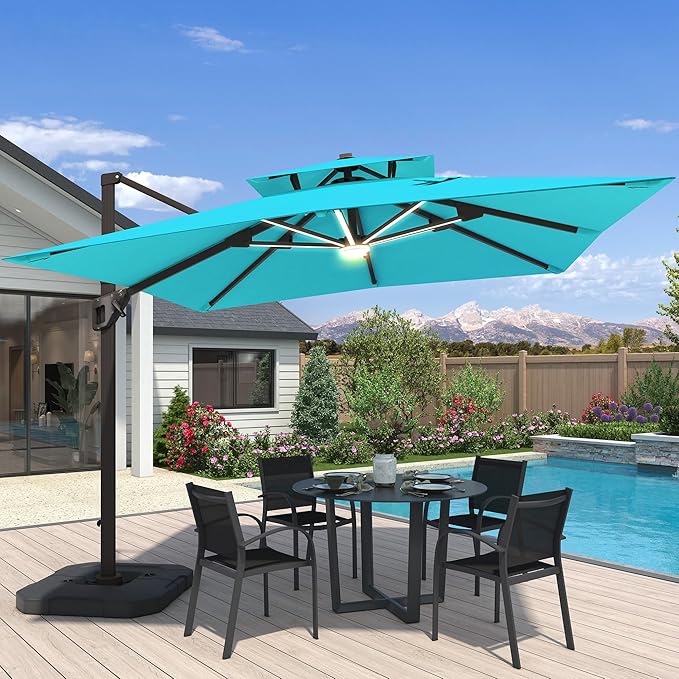 10x10 FT Cantilever Patio Umbrella with Led Lights Double Top Outdoor Square Large Heavy Duty Aluminum Offset Umbrellas with 7 Level Tilt 360-degree Rotation for Pool Garden Deck, Turquoise
