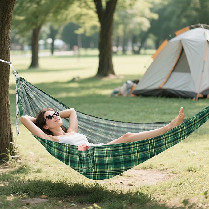 Camping Hammock Outdoor Hammocks for Outside Check Plaid Green 2 Beach Trees Portable Lightweight with Pockets Tree Straps Indoor