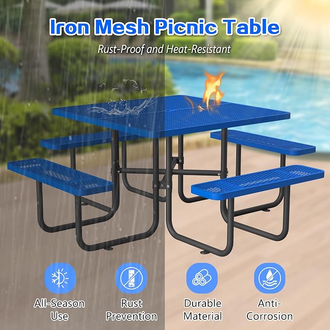 46" Iron Mesh Picnic Table with 1.73" Umbrella Hole Blue | Rust & Heat-Resistant, All-Season Use, Safe Arc Corners, Outdoor Square Metal Picnic Tables for Patio, Park or Backyard