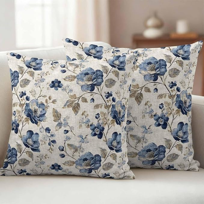 Blue Gray Waterproof Outdoor Pillow Covers 24''x24'' Set of 2, Vintage Botanical Patio Furniture Spring Florals Cushion Covers for Chairs, Decorative Farmhouse Pillow Cases for Garden/Pool/Beach