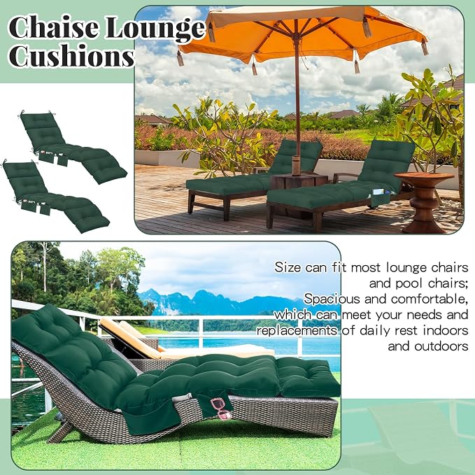 Kigley 2 Pcs Outdoor Chaise Lounge Cushions with 3 Side Pocket 74.5 x 22 x 4.7 Inch Patio Chaise Lounge Cushion, Water-Repellent and Fade-Resistant Tufted Summer Replacement(Dark Green)