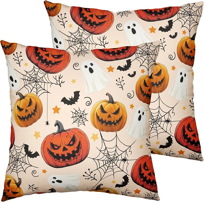 Halloween Pillow Covers 22x22 Set of 2 Jack-O-Lantern Bat Spider Web Ghost Throw Pillow Covers Horror Pumpkin Pillowcase Holiday Decor Cushion Case for Party Outdoor Sofa