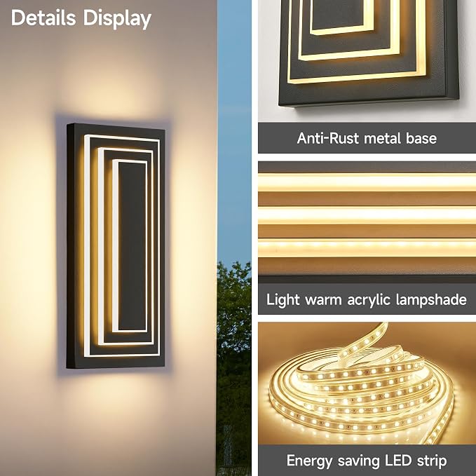 Outdoor Wall Lights 3-Tier Large Exterior Lighting Fixtures 15.7 in | Modern Acrylic Wall Sconce For Front Porch,Garage, Included LED 3000K Warm White 24W Light Bead, 360° Angle,Waterproof,2 Pack