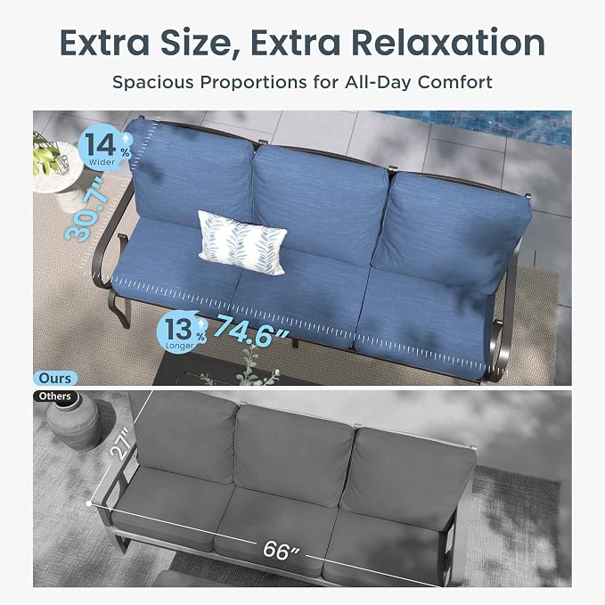PHI VILLA Patio Furniture Set, 3-Seater Sofa, 2 Fixed Chairs, 2 Swivel Chairs and a 45" Fire Pit Table, Outdoor Metal Conversation Set with 5.75" Extra Thick Cushion for Garden Backyard Deck, Navy