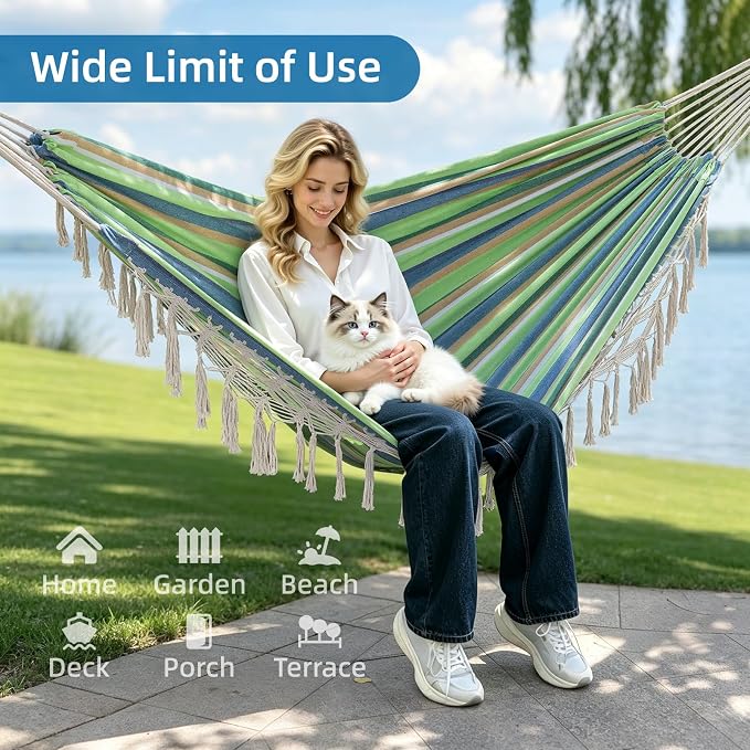Portable Double Hammock, Hanging Hammock with Tassels 2 Person Patio Hammock for Backyard & Indoor Relaxation, Soft Breathable Fabric, Easy Setup with Straps & Carry Bag, 360 lbs Capacity