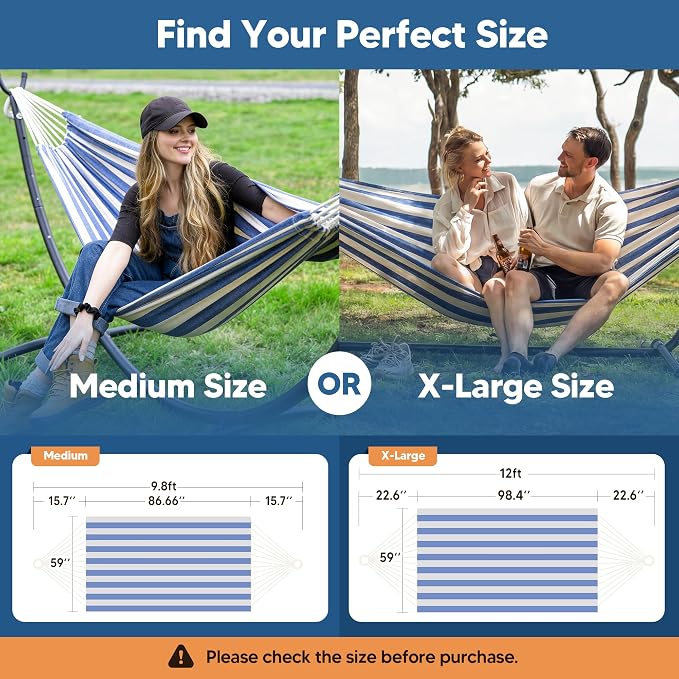 SUNCREAT Fabric Hammock for Backyard, Hanging Tree Hammock, Blue & White