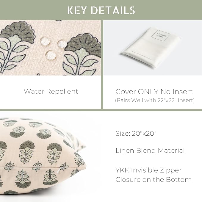 Modern Farmhouse California Casual Indoor Outdoor Throw Pillow Cover, 20"x20" Water Repellent for Patio, Backyard, Couch, Poolside, Earth Tone Olive Green Neutral Block Print Flowers