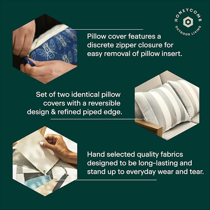 Honeycomb Outdoor Square Toss Pillow Covers, 18 x 18, 2-Pack | Oahu Tropical Black Slipcovers, Water & Fade Resistant for Patio Furniture Set, Cover Only, No Insert