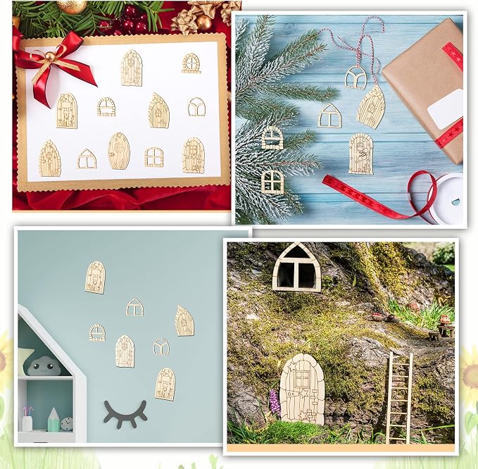 Yulejo 64 Pcs Mini Wooden Fairy Doors and Windows, Fairy House DIY Kit | Unpainted Wood Blanks for Garden Decor, Fairy House Accessories, Party Wedding Craft Projects
