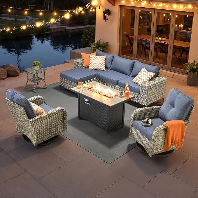 HOOOWOOO Outdoor Sectional Furniture Set with Fire Pit Table,8 Pieces Wicker Patio Conversation Sets,L Shape All Weather Outside Couch Sofa Set with Swivel Chairs Side Table Ottoman,Denim Blue