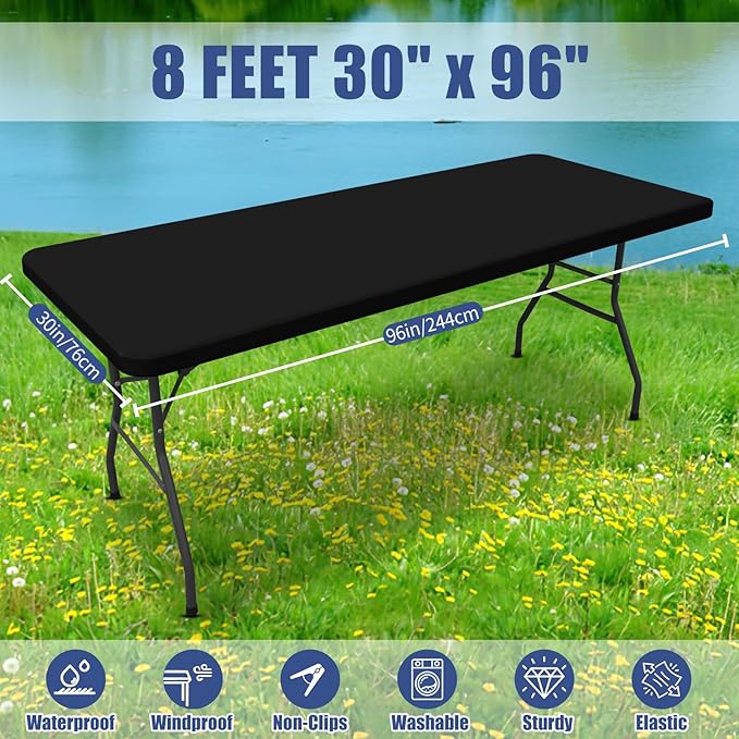 Moosfor Spandex 8 Foot Rectangle Table Cloth 2 Pack, Elastic Fitted Tablecloths for Picnic, Stretch Washable Patio Table Cover for Outdoor, Camping, Banquet and Parties (Black, 30"x96")
