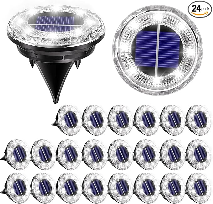 24 Pack Mini Solar Powered Ground Lights, Bright LED Solar Lights Outdoor Waterproof for Landscape Decoration, Pathway Lighting for Garden Walkway Driveway（Cool White）