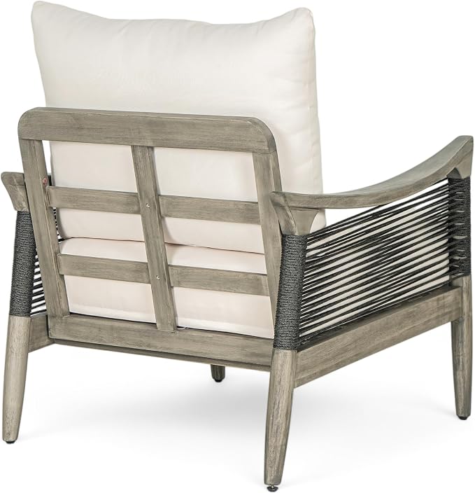 Christopher Knight Home Havets 4 Piece Patio Conversation Sets, Outdoor Acacia Wood Patio Seating Group,Woven Rope Loveseat Chairs with Cushions and Coffee Table for Porch Backyard Balcony, Gray+Beige