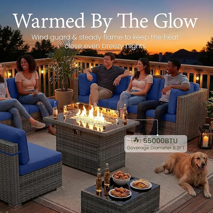 LayinSun 8 Piece Patio Furniture Set with 44" Propane Gas Fire Pit Table, Outdoor Sectional Conversation Set Wicker Rattan Sofa Set with Coffee Table