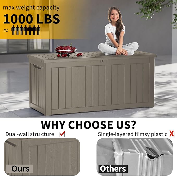 200 Gallon Outdoor Storage Box Patio Deck Box Waterproof, Resin Lockable Outside Large Storage Bin for Pool Cushion Furniture, Garden Tools UV-Resistant, Grey