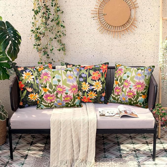 Pyonic Outdoor Pillows Waterproof Cover Pack of 2 Floral Waterproof Throw Pillows 18x18 inch for Patio Furniture Garden Furniture