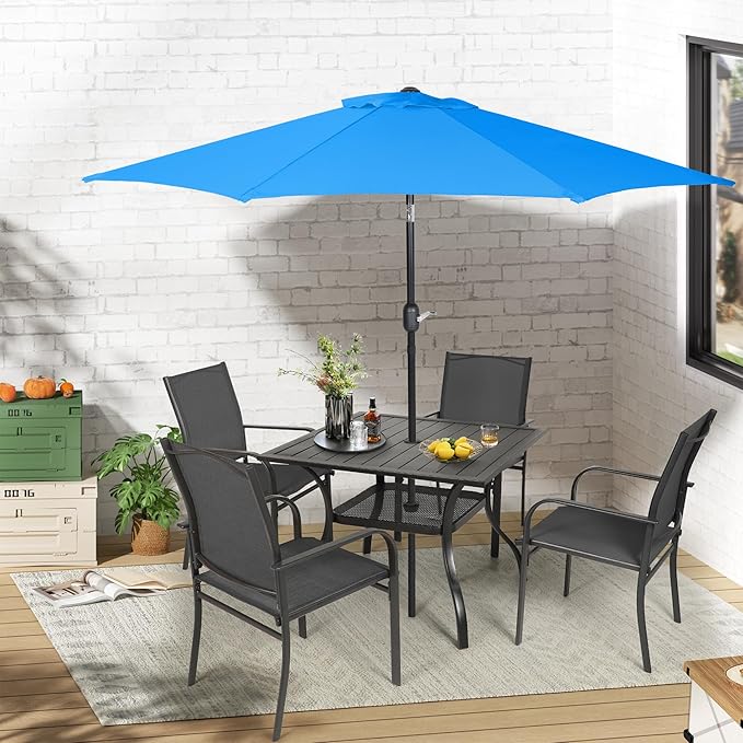 Crownland 5 Piece Patio Dining Set, Textilene Dining Sets, 4 Textilene Metal Chairs and Square Outdoor Dining Table with Sky Blue 9FT Round Outdoor Umbrella (Black)