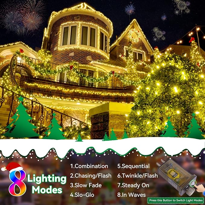 Christmas Lights Outdoor, 403FT 1000 LED String Lights 8 Modes and Timer Memory Function Twinkle Fairy Lights IP44 Waterproof Plug in for Xmas Tree Wedding Party Holiday Decor(Warm White)