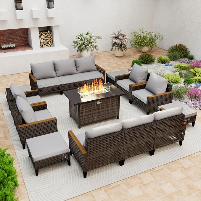 15 Piece Patio Sectional Sofa Set with 50000 BTU Fire Pit Table, All-Weather Wicker Rattan Outdoor Conversation Set, High Back, for Garden, Porch, Poolside, Gray