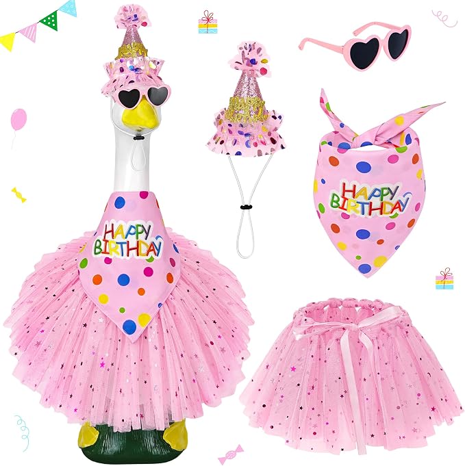 Porch Goose Birthday Outfit, Happy Birthday Goose Outfit Lawn Geese Clothes for 17/23" Cement Geese Statue for Patio (Pink)