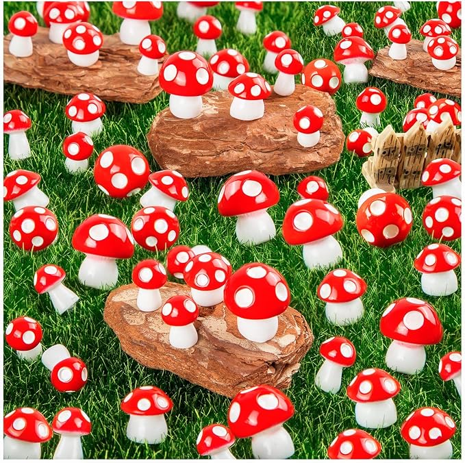 180pcs Miniature Mushrooms, 3 Size, Red | Tiny, Cute, Fairy Garden, Mini Resin Figurines, Cake Topper Statue Decoration for Bonsai Micro Landscape Garden Craft