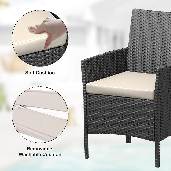 3-Piece Patio Furniture Set,Outdoor Patio Conversation Set with 2 PE Rattan Armchairs, Weather-Resistant Cushions & Tempered Glass Table,All-Weather Bistro Set for Garden, Backyard（Black/Beige）