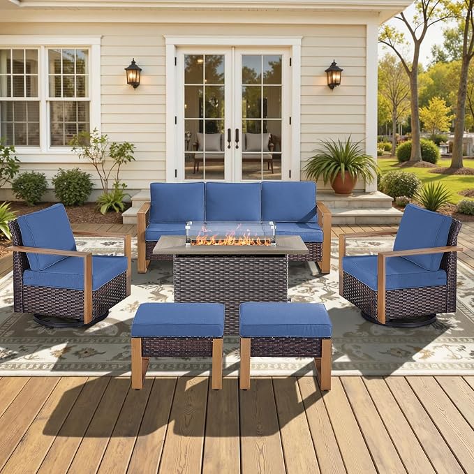 Patio Furniture Set with Fire Pit Table, 6-Piece Outdoor Wicker Sofa and Swivel Chairs, All-Weather Conversation Set for Backyard, Deck and Poolside Blue