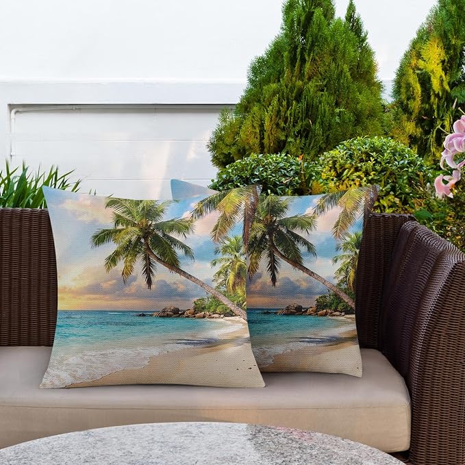 Throw Pillow Covers, Beach Tropical, 18 x 18 Inch, Set of 2 | Ocean Coastal Farmhouse Outdoor Waterproof Square Cushion Case Garden Decorative Pillows for Couch Patio
