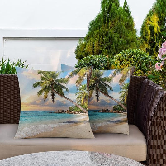Throw Pillow Covers, Beach Tropical, 18 x 18 Inch, Set of 2 | Ocean Coastal Farmhouse Outdoor Waterproof Square Cushion Case Garden Decorative Pillows for Couch Patio