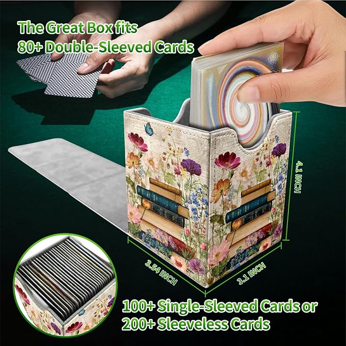 Vintage Flower Books Card Deck Box for MTG, Personalized Card Storage Case Fits 120+ Sleeved Cards, Premium Leather TCG Box with Strong Magnetic Closure for Magic, CCG, PTCG, Baseball Cards