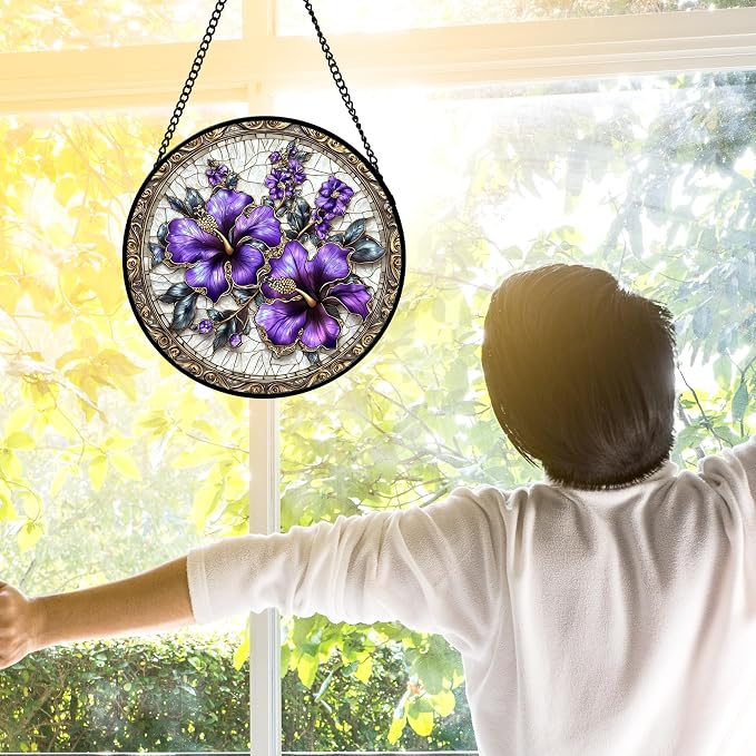 DASTOLL Stained Glass Window Hanging, Purple Flowers Romantic Suncatcher for Doors Home Sun Catchers Decoration and Christmas, Mother's Day Birthday Gifts for Women, Men, and Mom 7.8 in