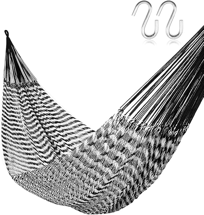Handwoven Mayan Hammock with S Hooks - Breathable Open Weave for 1-2 Adults, Portable with Carry Bag by Bathonly (Backyard, Camping, Beach) - Black/White