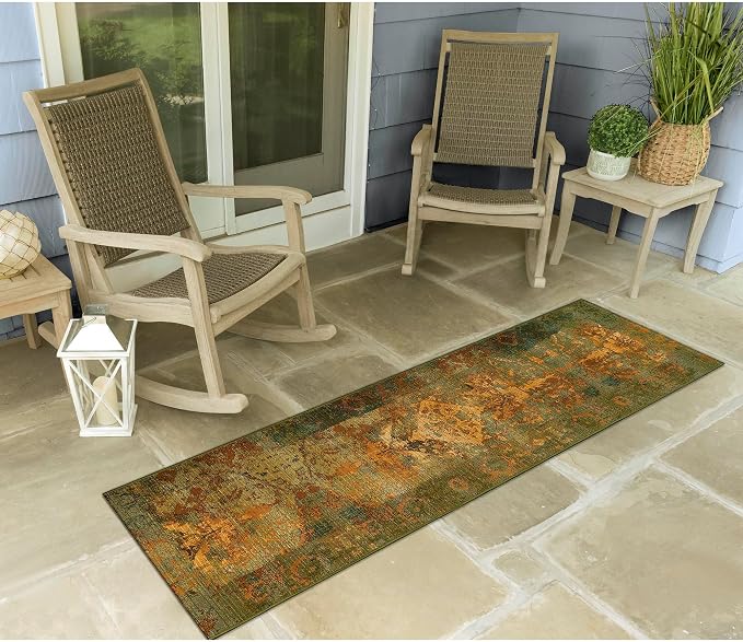 Liora Manne Marina Indoor/Outdoor Power Loomed Synthetic Blend Low Profile Area Rug - Traditional Medallion Casual Colorful (Kermin Green) (1'11" x 7'6")