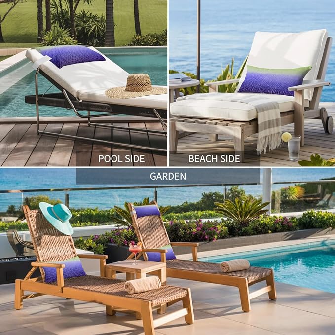 Chaise Lounge Headrest Pillow 1 Pack, Green Purple Ombre Waterproof Chair Pillows with Insert & Adjustable Elastic Strap for Beach Pool Recliner, Geometric Stained Glass Outdoor Patio Pillow