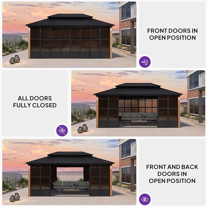 PURPLE LEAF Hardtop Gazebo Sunroom 12' x 18', Enclosed Patio Solarium with Mesh & Removable PC Panels, Magnetic Sliding Doors Outdoor Living Space for Backyard Lounge, Dining & Spa and 36 Solar Lights