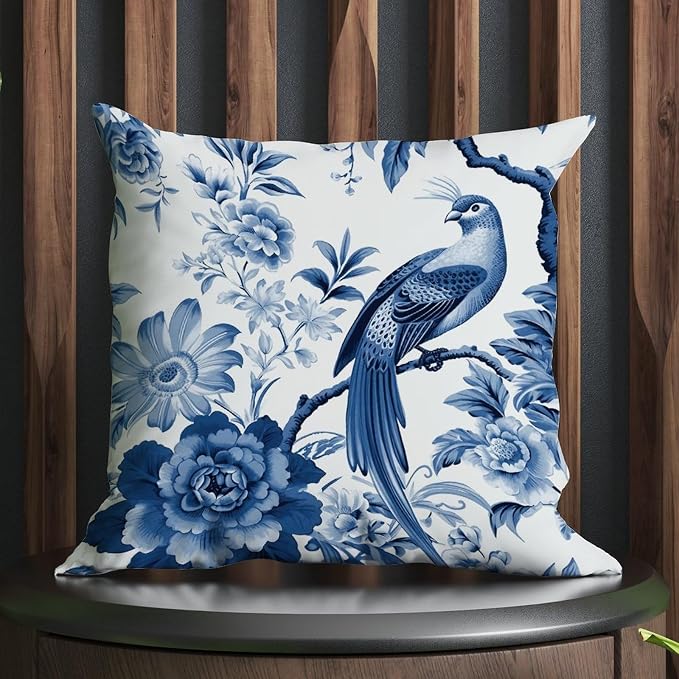 Cushion Cases Blue Indigo Floral Chinoiserie Throw Pillow Covers Rustic Asian Navy Lotus Bird Pillow Cover Accent Outdoor Waterproof Decorative Pillow Cover for Patio Deck Chair 16x16 in