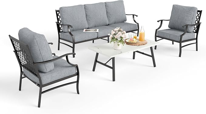 MIXPATIO Patio Furniture Set 4 pcs, Metal Outdoor Patio Furniture, 3-Seat Sofa, 2 Single Chairs, Metal Coffee Table and 5.75" Extra Thick Cushion, Patio Conversation Set for Garden Backyard Deck,Grey