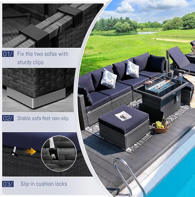 BULEXYARD 9 Pieces Highback Wicker Patio Furniture Set with Firepit, High Weight Capacity Outdoor Sectional Couch Sofa 8-Seater Modular, Plus Comfortable Wide Deep Deck Seating Group, Grey & Navy Blue