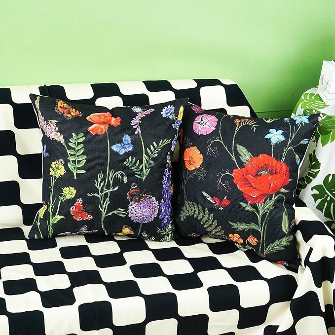 ONWAY Outdoor Waterproof Spring Summer Pillow Covers 18x18 Inch Set of 4 Floral Farmhouse Throw Pillows Decorative Cushion Cases for Outdoor Couch Sofa Patio Furniture Home Decoration Black