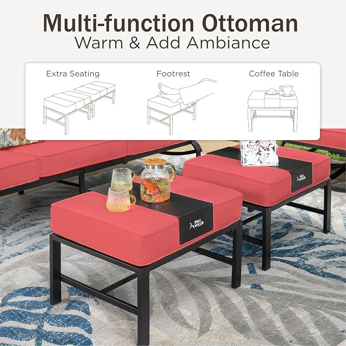 PHI VILLA 7 PCS Patio Furniture Set,Metal Outdoor Furniture with 1x 3 Seater Cushioned Deep Seating Bench Sofa, 2 Swivel Chair, 2 x Leg Chairs & 2 Ottoman for 7 Person, Red