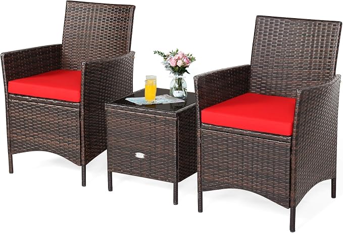 COSTWAY 3 Pieces Patio Rattan Furniture Set, Outdoor Wicker Cushioned Sofa with Tempered Glass Tabletop, Rattan Conversation Set for Porch Yard Balcony Backyard Pool, Red