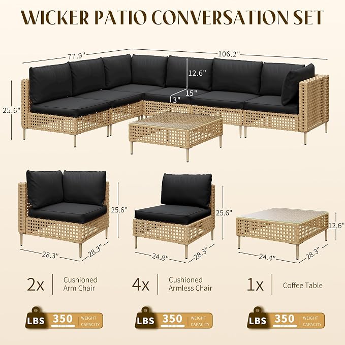 LHBcraft Patio Furniture Set, Large 7 Piece Wicker Outdoor Sectional Furniture Set with Coffee Table, Patio Conversation Sets Sofa, Hand Knitting, All-Weather Cushions for Backyard, Porch, Black