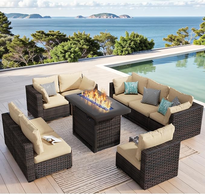 Patio Furniture Set 9 Pieces with 44" Fire Pit Table, Rattan Outdoor Sectional Conversation Sets, All Weather Outdoor Furniture Set with Cushions for Garden Lawn Balcony Porch Deck Beige