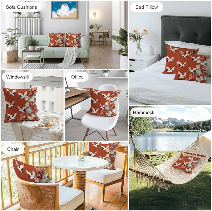 Japanese Style Outdoor Pillow Covers 16x16 Inch Throw Pillow Covers Set of 2 Waterproof Decorative Pillow Cases Red Farmhouse Botanical Peony Birds Cushion Covers for Patio Furniture Garden Couch Sofa